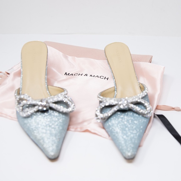 NEW Mach &; Mach Double Crystal Jewel Bow Pointed Toe Heels Shoes Blue Silver - Picture 2 of 6
